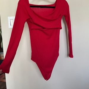 red off the shoulder criss cross body suit